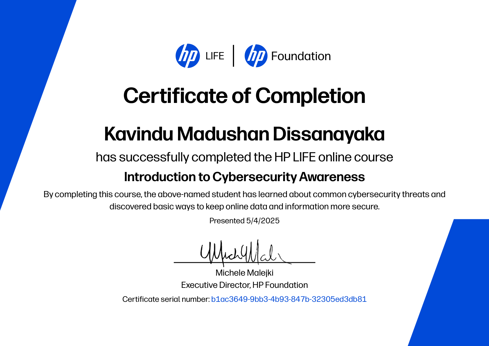 HP LIFE Cybersecurity Awareness Certificate
